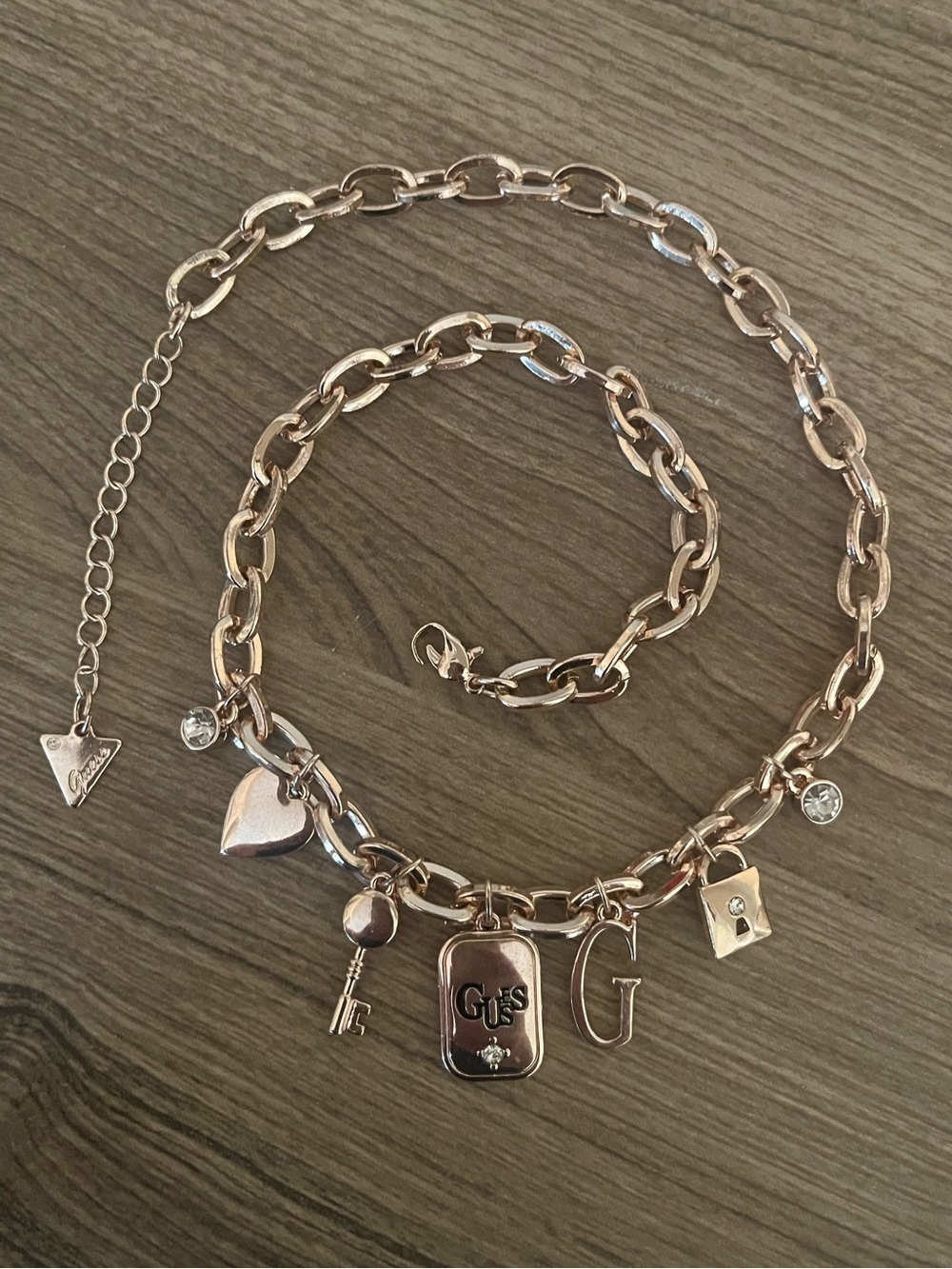 GUESS Rose Gold Charm Link Necklace with Heart, Key & G Logo